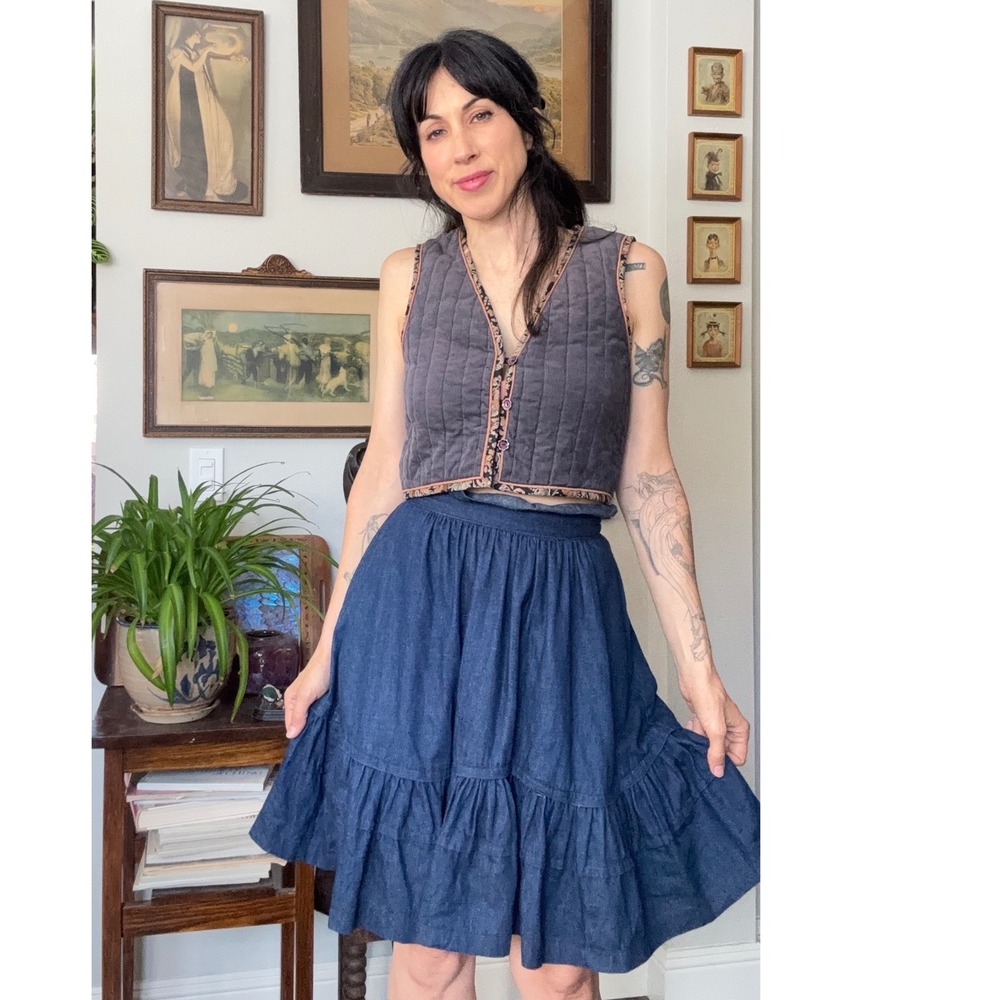 Vintage 70s Anne Gelb for Leo's Co. Tiered Ruffle Denim Western Prairie Skirt - Picture 2 of 8